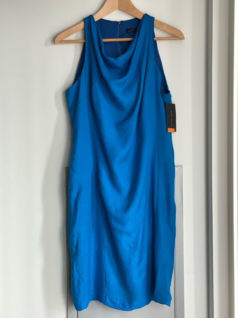 NWT ZARA Sleeveless High Cowl Neck Aqua Blue Viscose and Linen Blend Dress